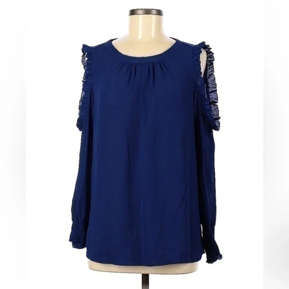 Ann Taylor LOFT Cobalt Blue Ruffle Cold Open Shoulder Long Sleeve Blouse Size M - Picture 3 of 6